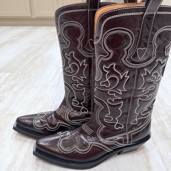 Ganni Shoes - Ganni Dark Olive Egret Embroidered Western Boots Heart Stitching Size 40